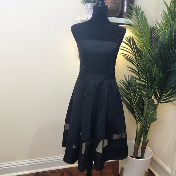 Express Strapless Black Cocktail Party A-line Mesh Hem Knee Length Dress 4 - Picture 3 of 9